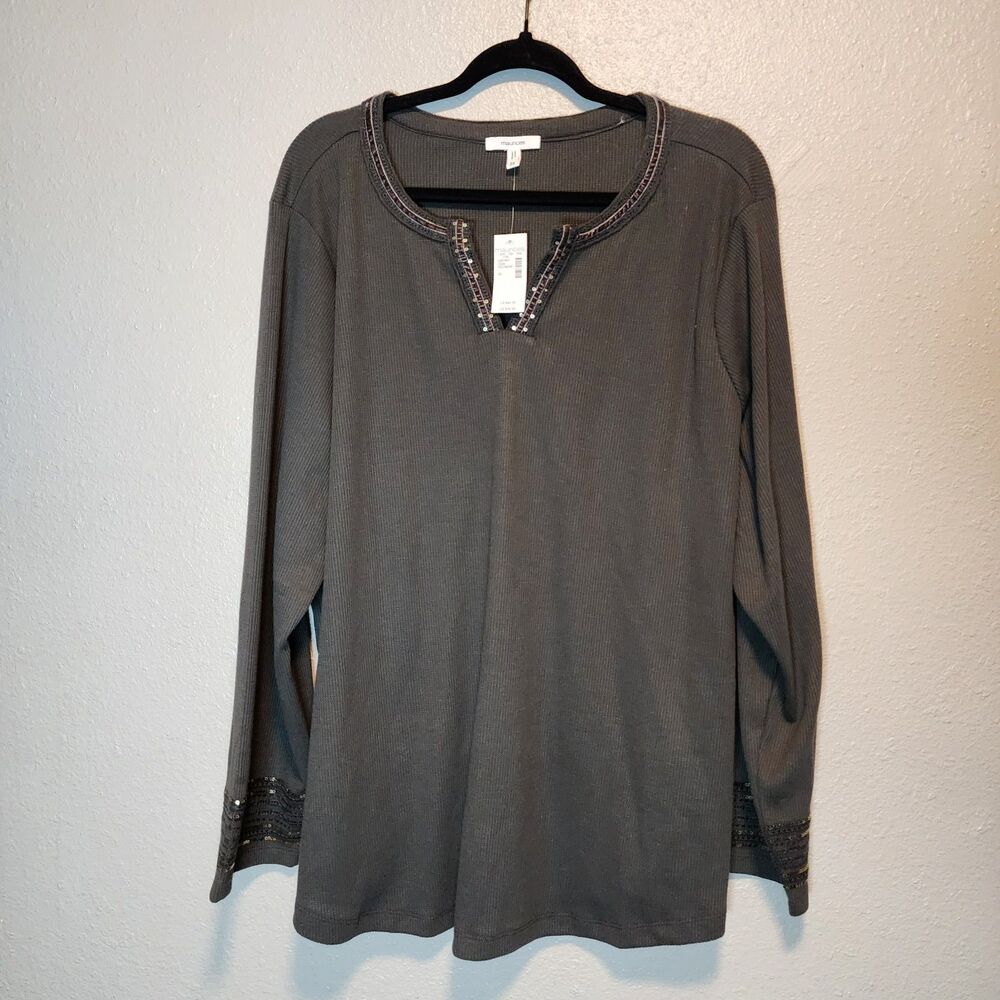 Maurices Plus Size 3X Charcoal Gray Embellished Waffle Thermal Top-Studded Neck